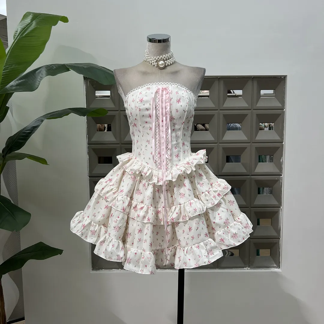 Brownm French Fashion Ribbon Crumbed Girl Series Cake Corset Dress With Same Color Pumpkin Shorts