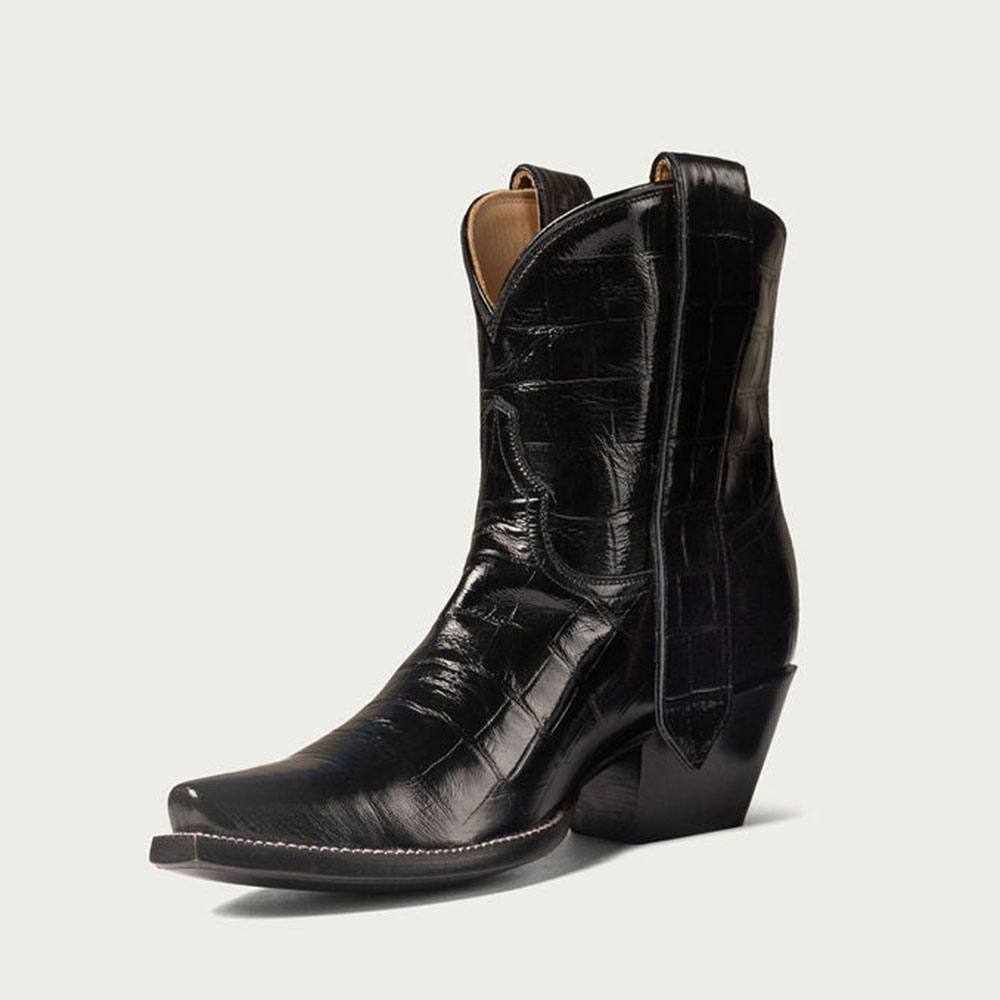 Black Croco Embossed Chunky Heel Cowgirl Boots with Side Loop
