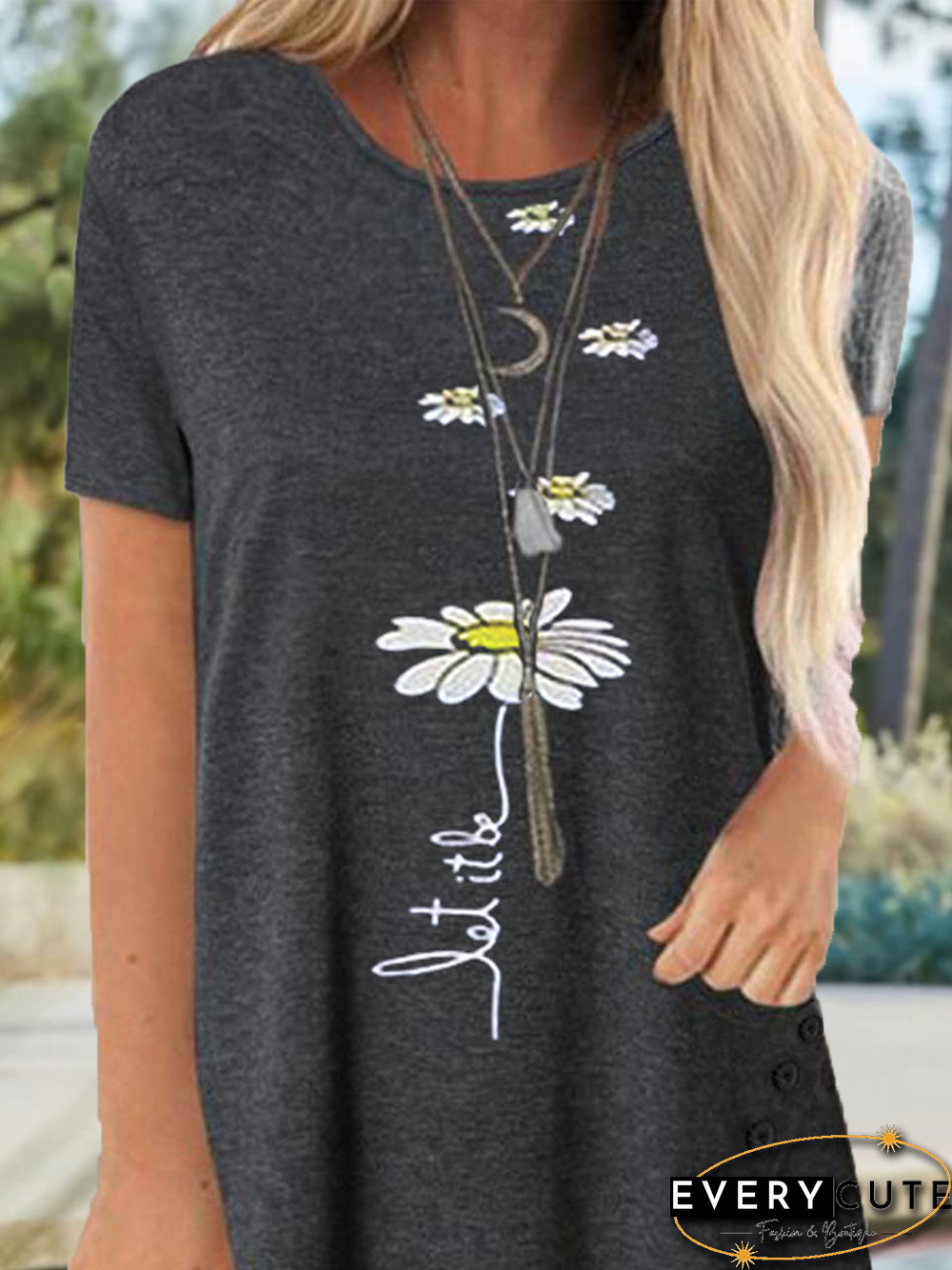 Vacation Floral Letter Loosen Crew Neck TunicShort Sleeve T-Shirt