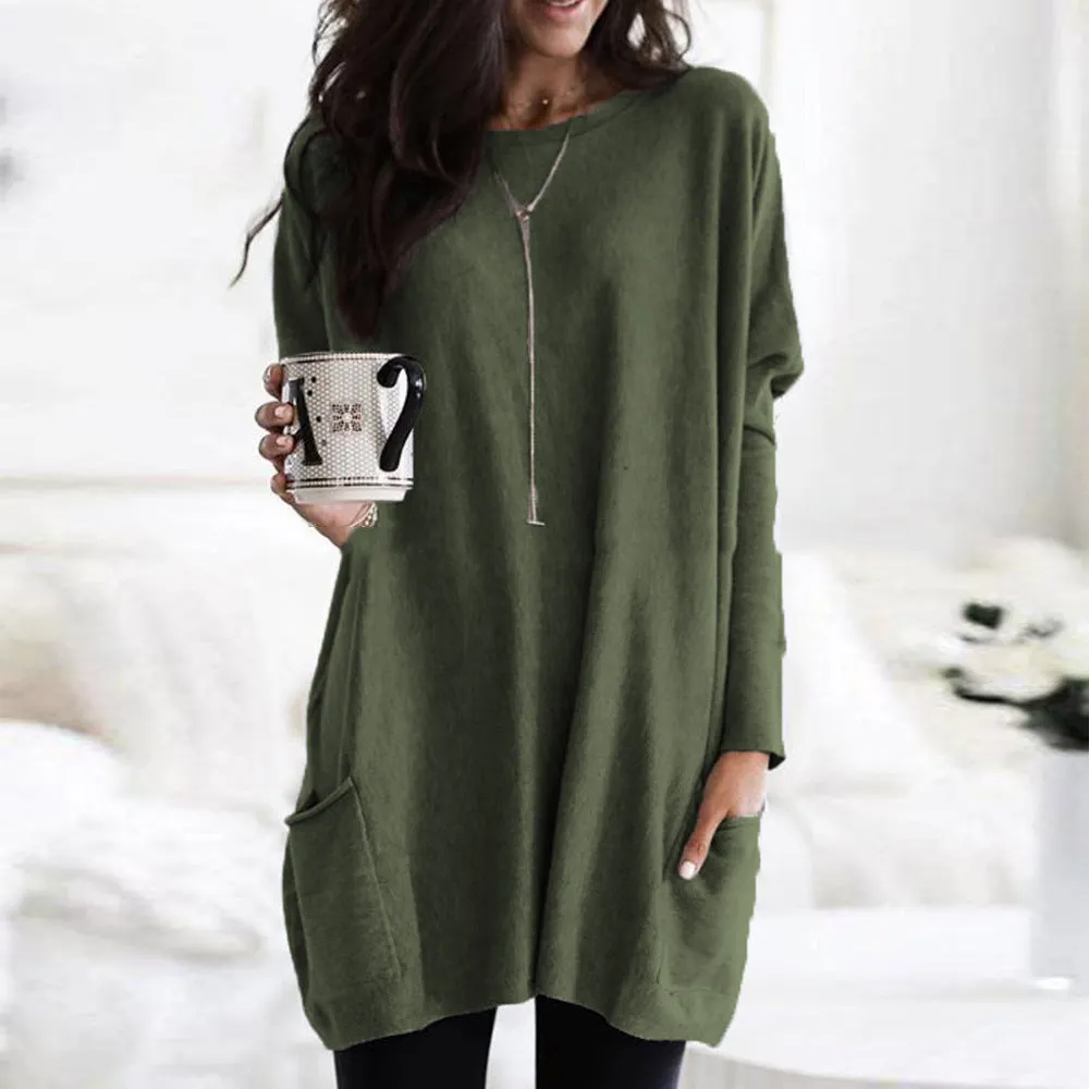 Brownm Autumn Pullover Casual Round Neck Long Sleeve Pocket T-shirt Top