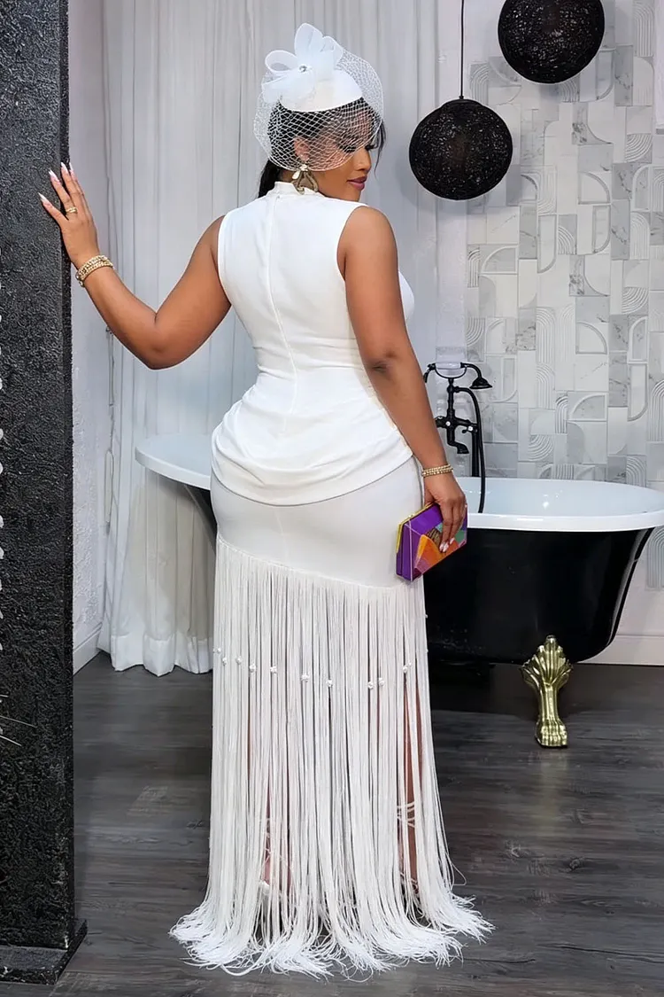 Fringe Dress White Lace High Neck Dress Mock Neck Sleeveless Ruched Fringe Hem Gowns Maxi Dresses- Fringe Dress White Lace High Neck Dress Mock Neck Sleeveless Ruched Fringe Hem Gowns Maxi Dresses-