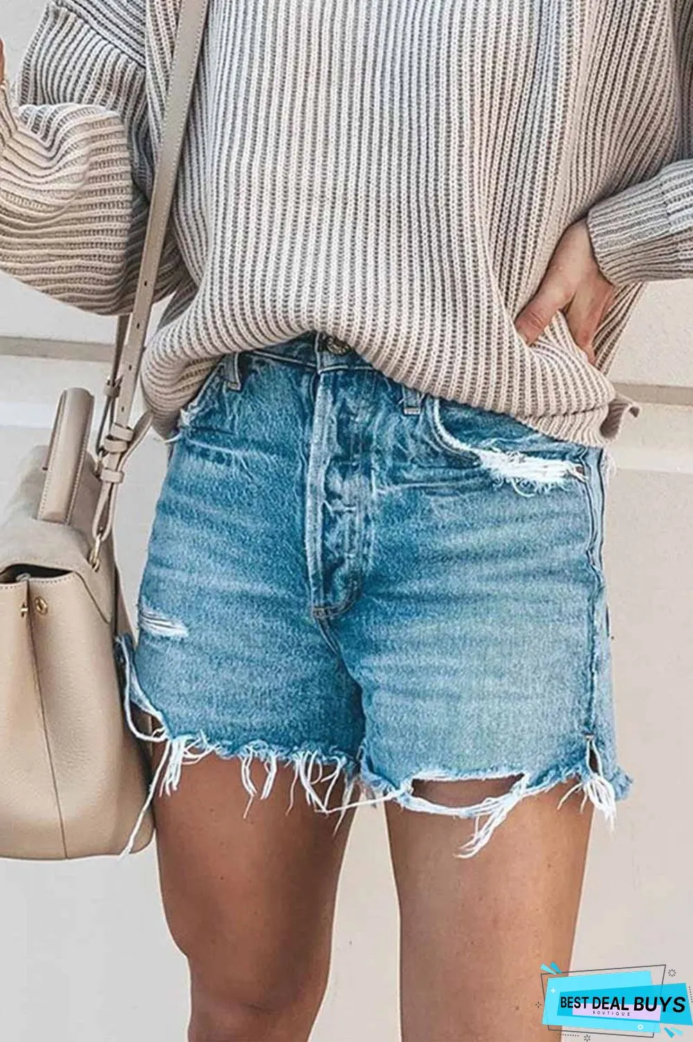 Summer Loose Button Ripped Fringed Denim Shorts