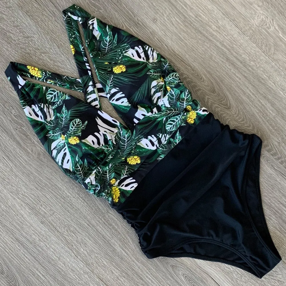 2022 New Sexy One Piece Swimsuit Female Floral Women Swimwear Push Up Bathing Suits Bodysuits Beach wear Deep V-neck Monokini