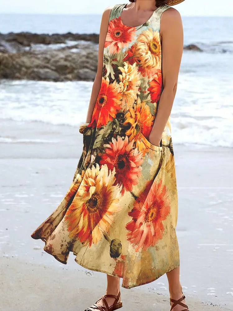 Women's Gerber Daisies Vintage Flower Art Print Casual Holiday Dress