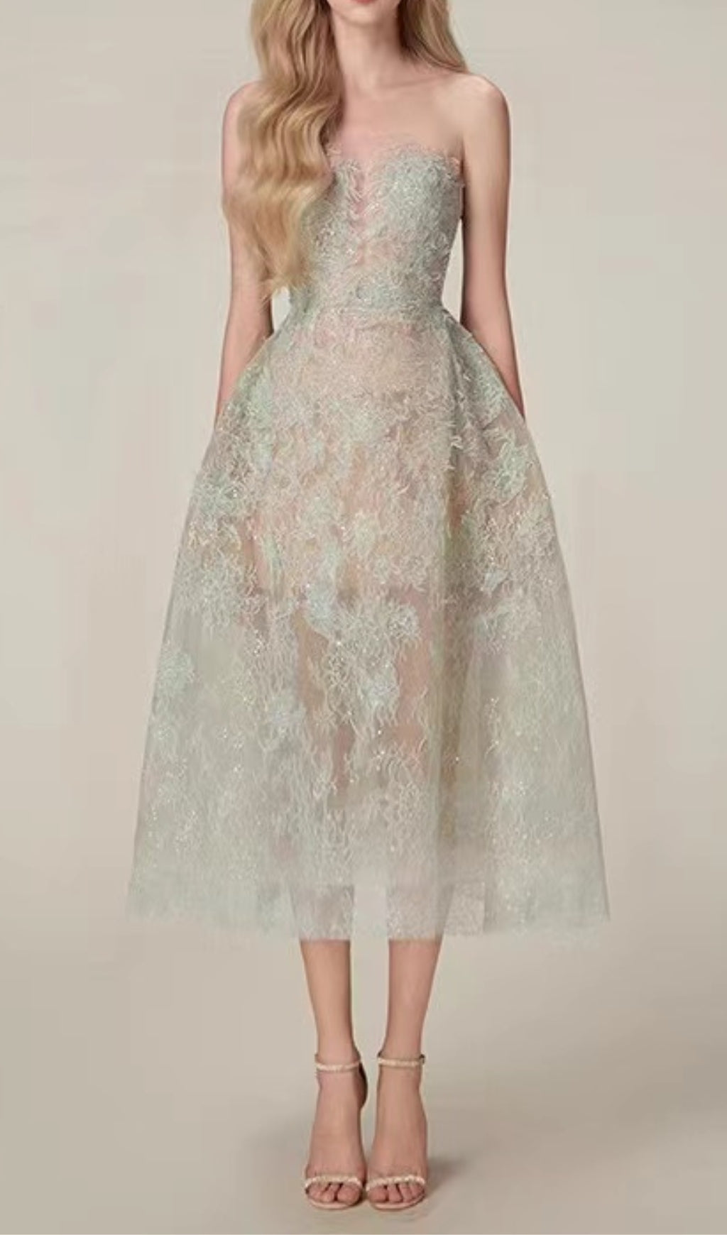 Allyson Green Floral Lace Embroider Midi Dress Flowering Girl