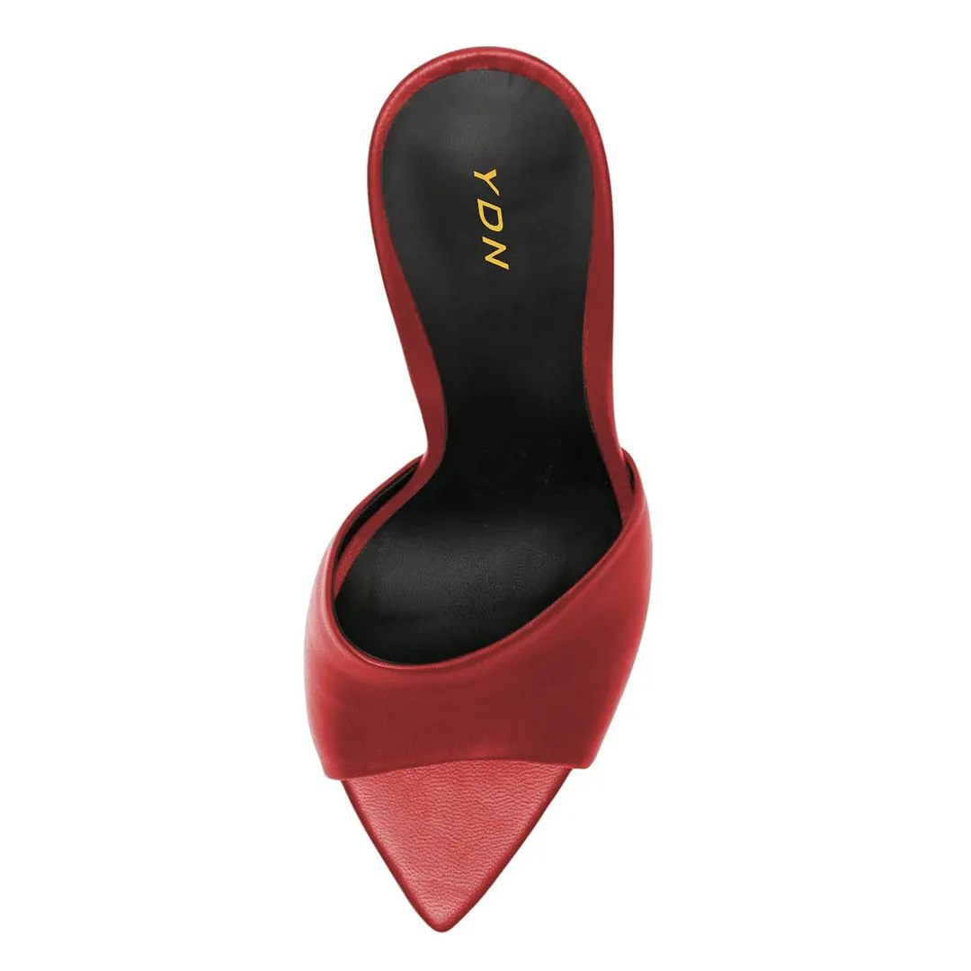 YDN Vegan Leather Open-Pointed-Toe Flared Heeled Mules in Red