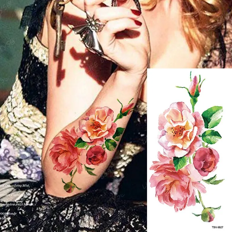 Sdrawing Temporary Flower Tattoos Women Fashion Beauty Rose Butterfly Flash 3D Fake Tattoo Arm Sleeve Pink Blue Sticker Girl