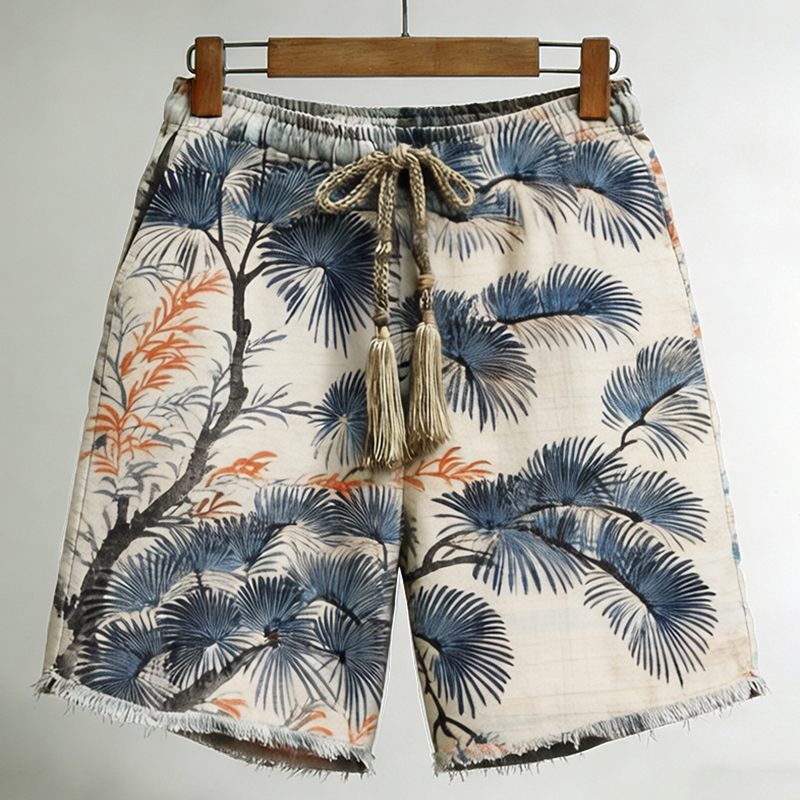 Men's Japanese Pine Print Linen Blend Casual Shorts elevenforest