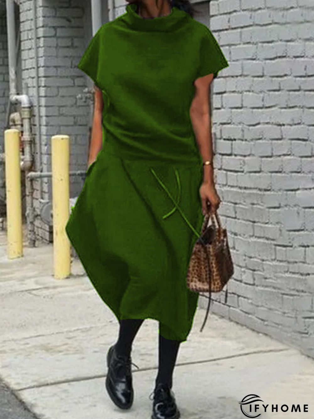 Vintage Plain Statement Plus Size Short Sleeves Stand Collar Casual Weaving Dress | IFYHOME