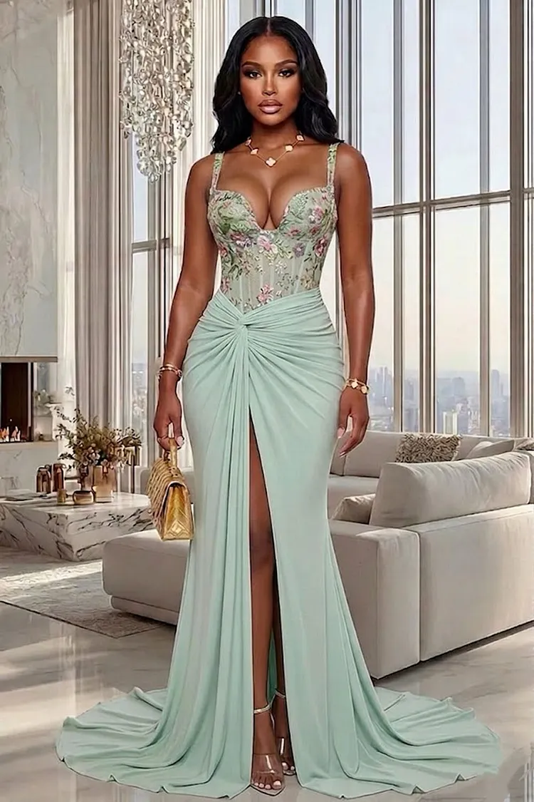 Cami Neck Floral Ruched Corset Slit Mermaid Maxi Dresses-Green [Pre Order]