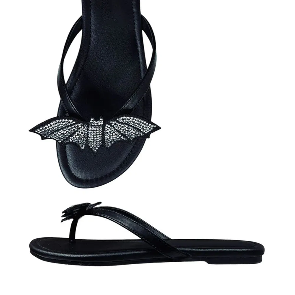 Black Open Toe Flat Rhinestone Bat Flip Flop Women's Sandals