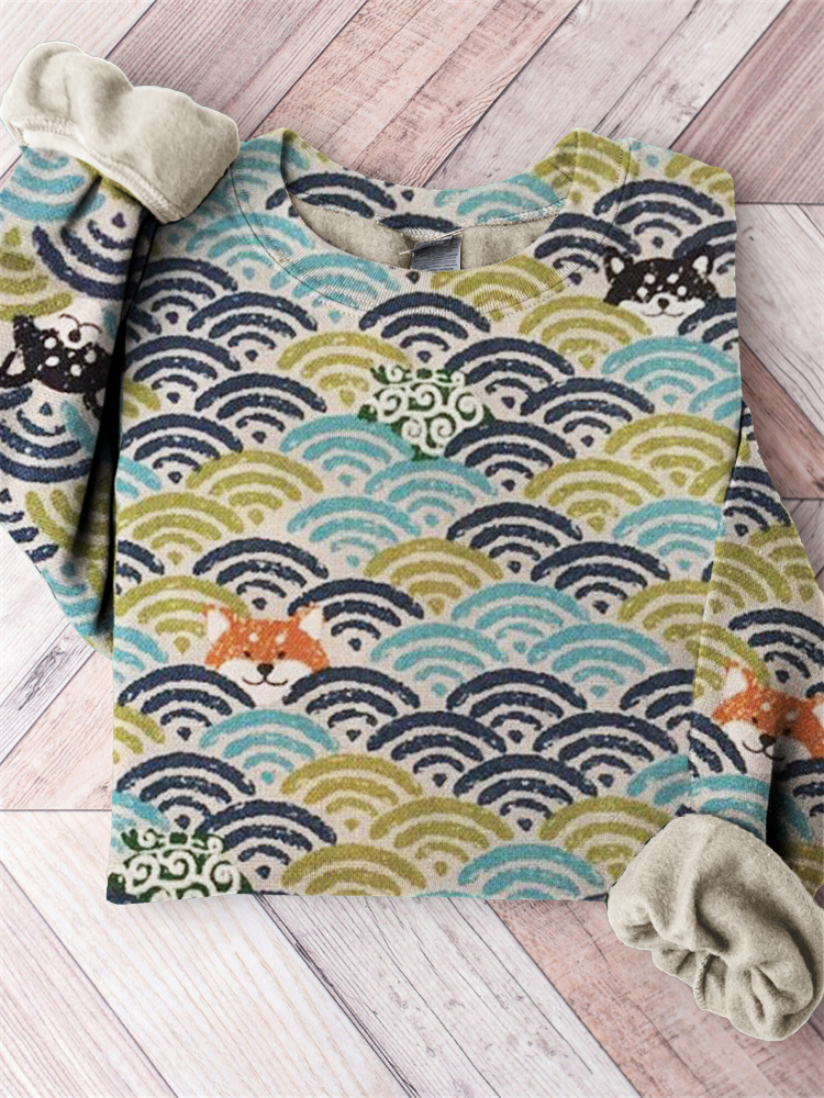 Shiba Inu Dogs Japanese Wave Pattern Comfy Sweatshirt