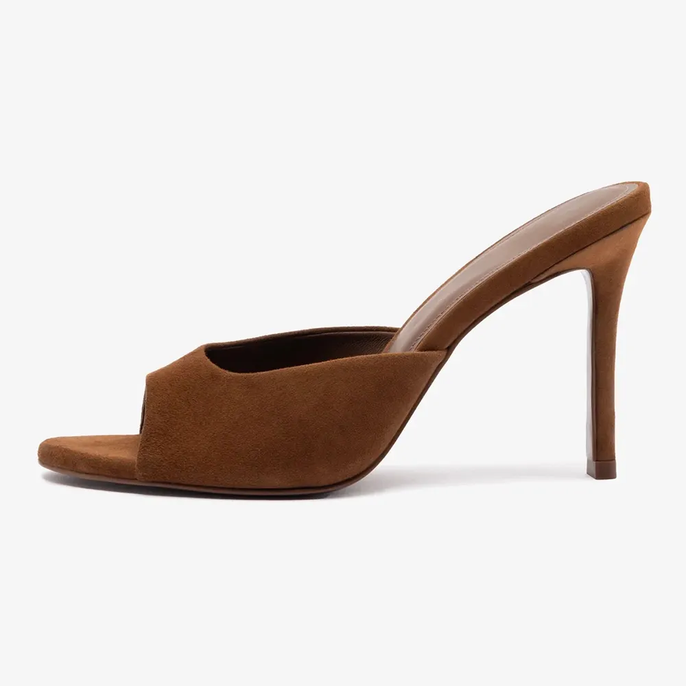 Brown Vegan Suede Slip-On Open Toe Mules Shoes with Stiletto Heel
