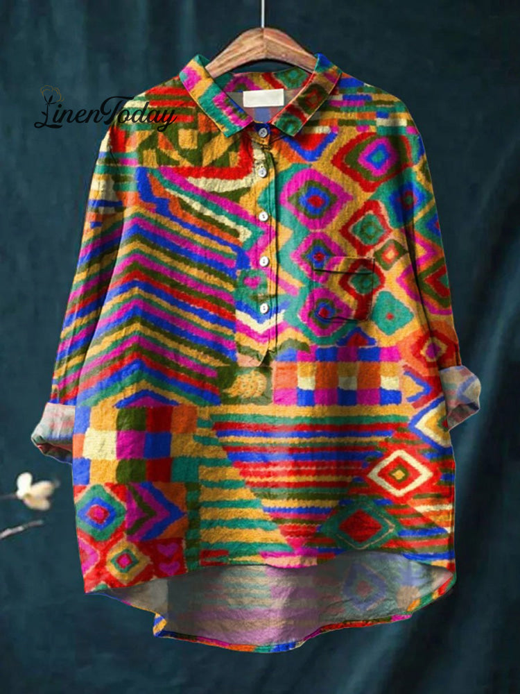 Women&rsquo;s Vintage Ethnic Art Print Casual Cotton And Linen Shirt Top1 / S