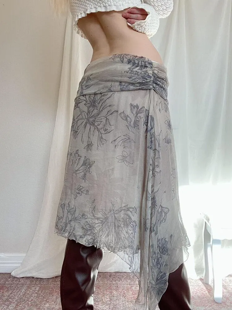 Brownm Grunge Fairycore Low Waist Midi Skirts Vintage Floral Print Skirt Cyber Y2K Aesthetic Clothes Long Skirt Women Summer