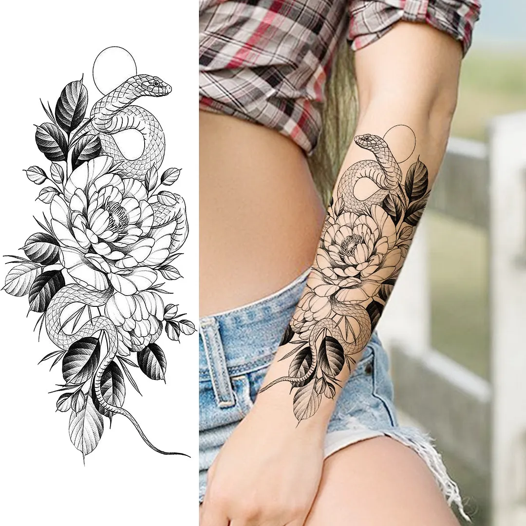 Black Rose Flower Snake Temporary Tattoos For Women Adult Peony Serpent Fake Tattoo Forearm Body Art Painting Waterproof Tatoos