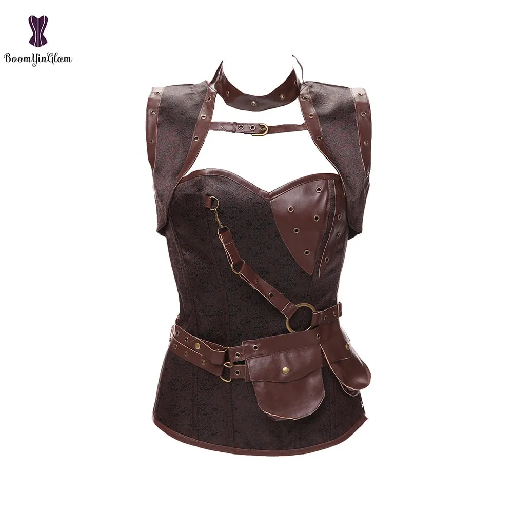 Black Women's Spiral Steel Boned Goth Retro Overbust Steampunk Bustier Corset With Jacket Plus Size 926#