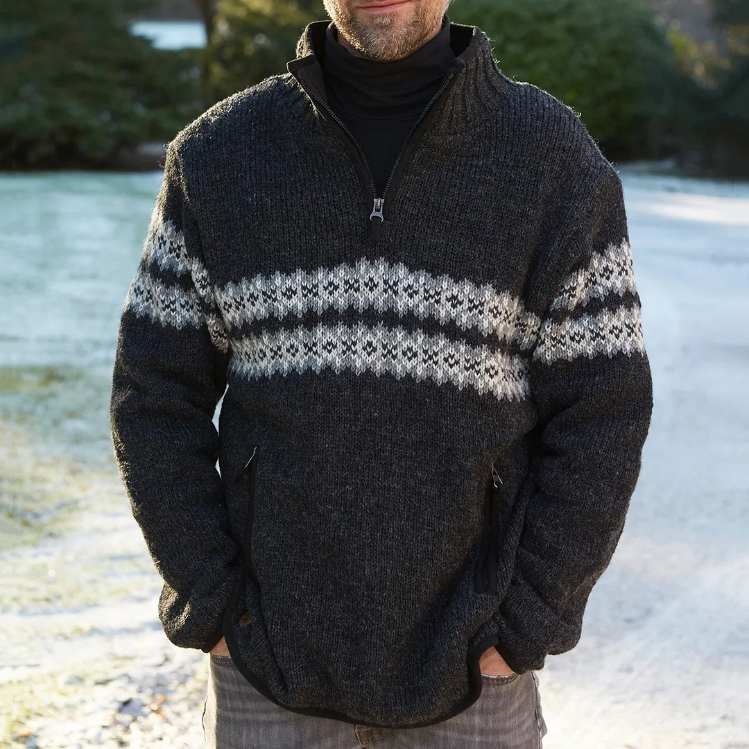 Vintage Warmth Norwool Icelandic Knit Jacquard Half Zip Collar Sweater（Unisex ）