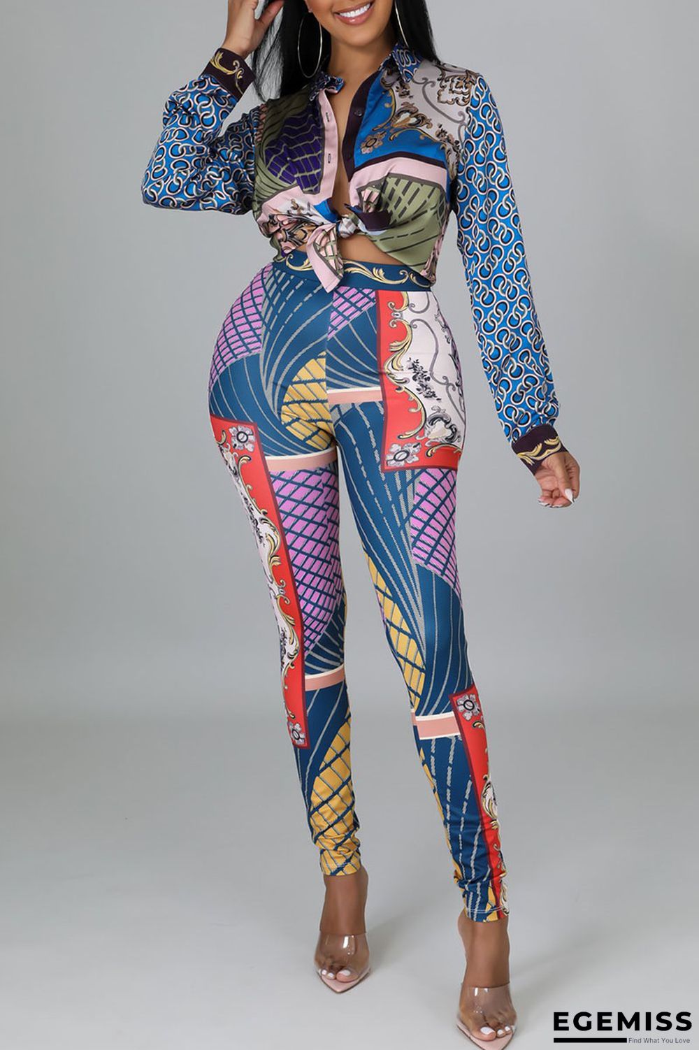 Blue Casual British Style Print Patchwork Buckle Turndown Collar Long Sleeve Two Pieces | EGEMISS