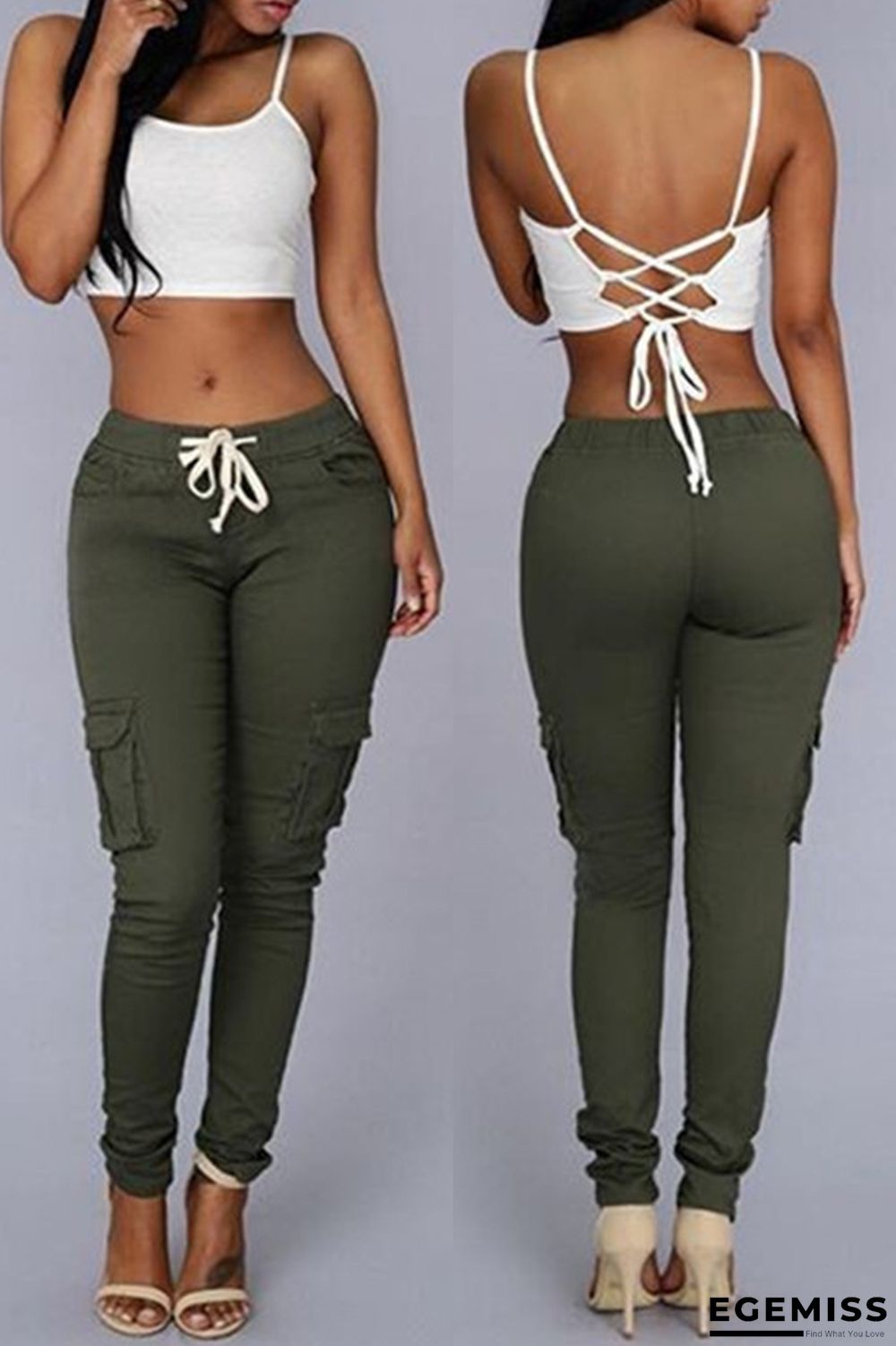 Army Green Fashion Casual Solid Basic Regular Mid Waist Trousers | EGEMISS