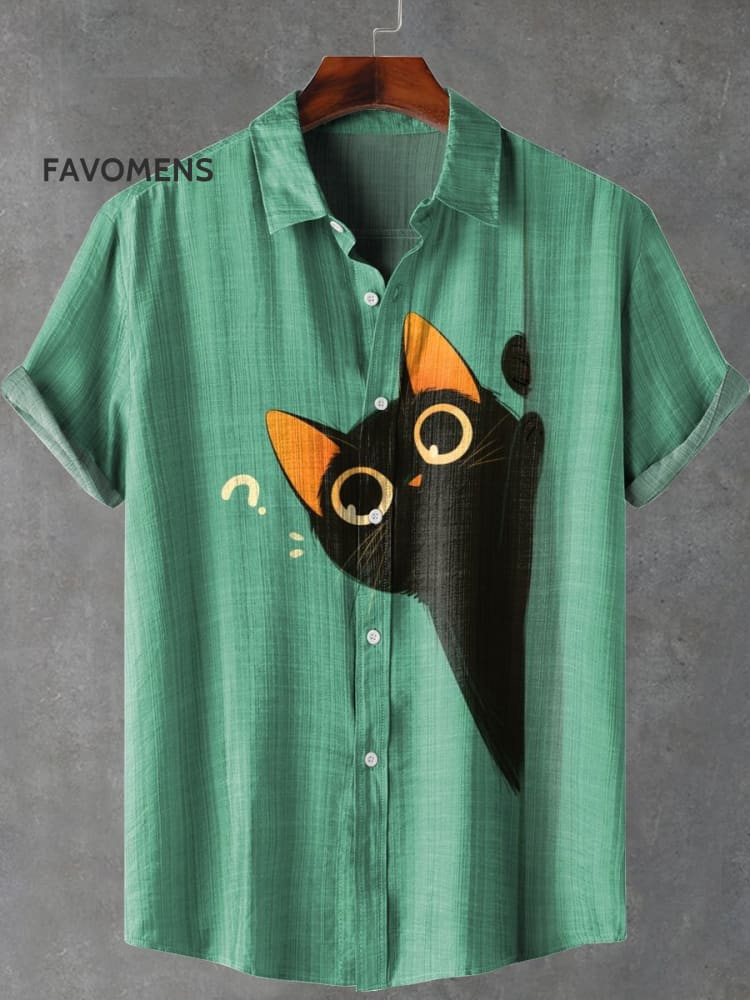 Question Mark Little Black Cat Vintage Print Casual 100% Cotton Shirt Multicolor / S