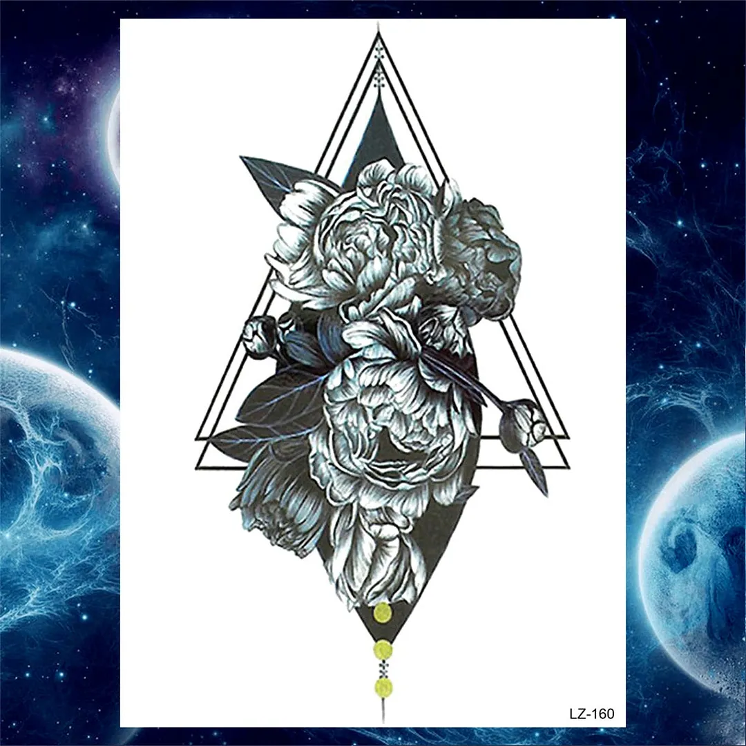 Flower Compass Temporary Tattoo For Women Girls Adult Rose Peony Tattoos Sticker Fake Black Floral Body Art Thigh Tatoos Paper