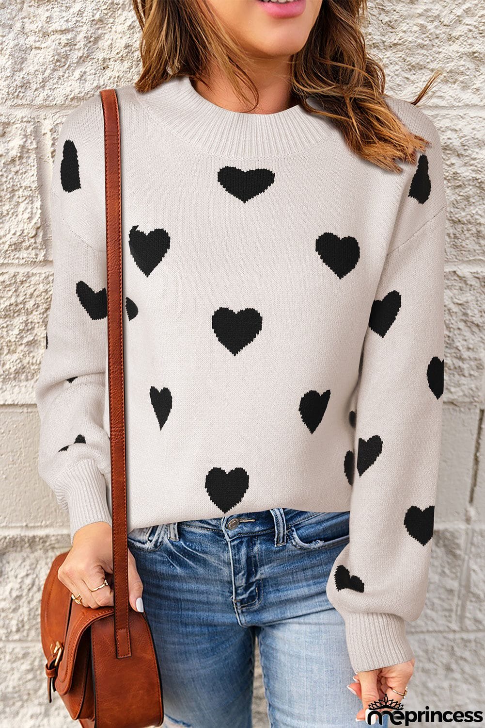 Heart Pattern Ribbed Trim Knit Sweater