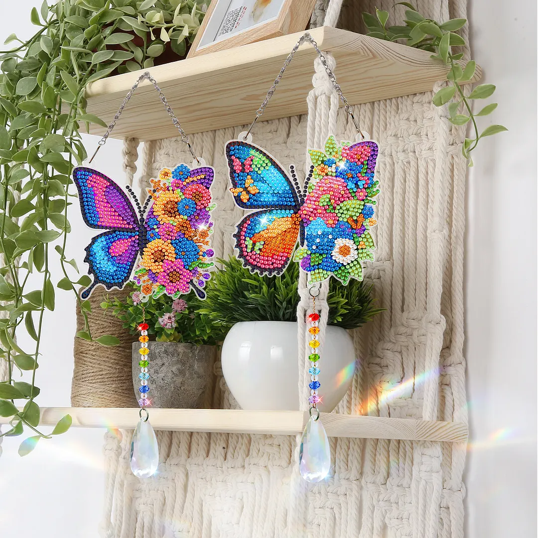 2Pcs Butterfly DIY Double-Sided Diamond Painting Hanging Kits Diamond Painting Suncatcher Craft Kit for Home Garden Wall Decor Gift