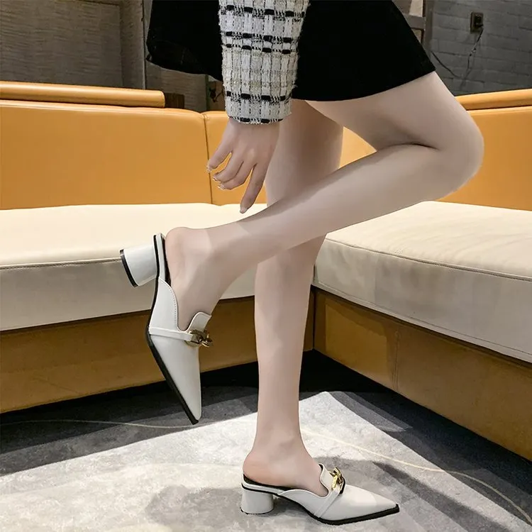 Churchf Churchf Cool Slippers Female Summer New French Chain Fashion With A Thick Heel Head Half Slippers High Heel Muller Shoes
