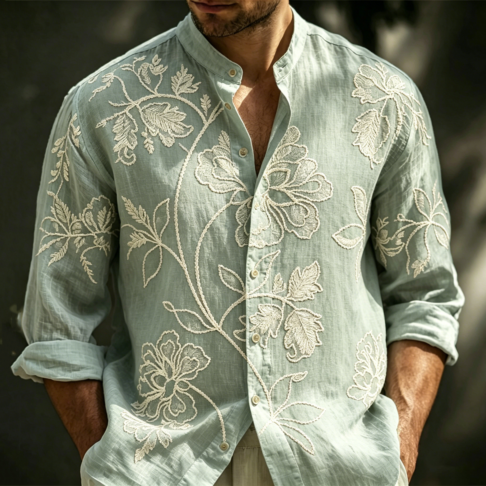 Comstylish Men's Spring Floral Embroidered Art Print Flowy Linen Blend Casual Shirt