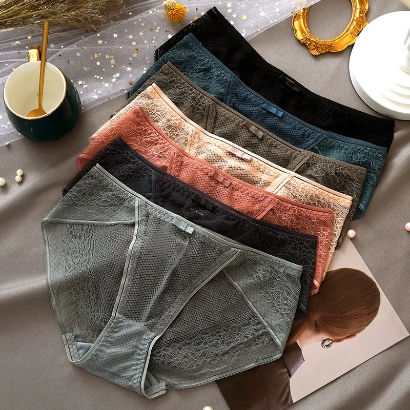Billionm Women's Sexy Lace Panties Ladies Plus Size Mid-waist Ice Silk Cotton Panties Girly Seamless Transparent Panties Briefs