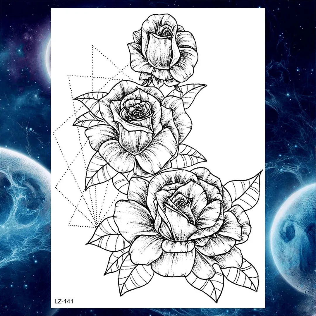 Flower Compass Temporary Tattoo For Women Girls Adult Rose Peony Tattoos Sticker Fake Black Floral Body Art Thigh Tatoos Paper