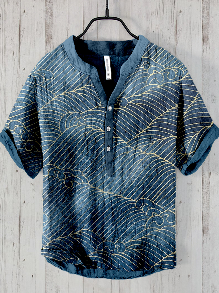 Golden Nami Waves Japanese Art Linen Blend Shirt  artssus
