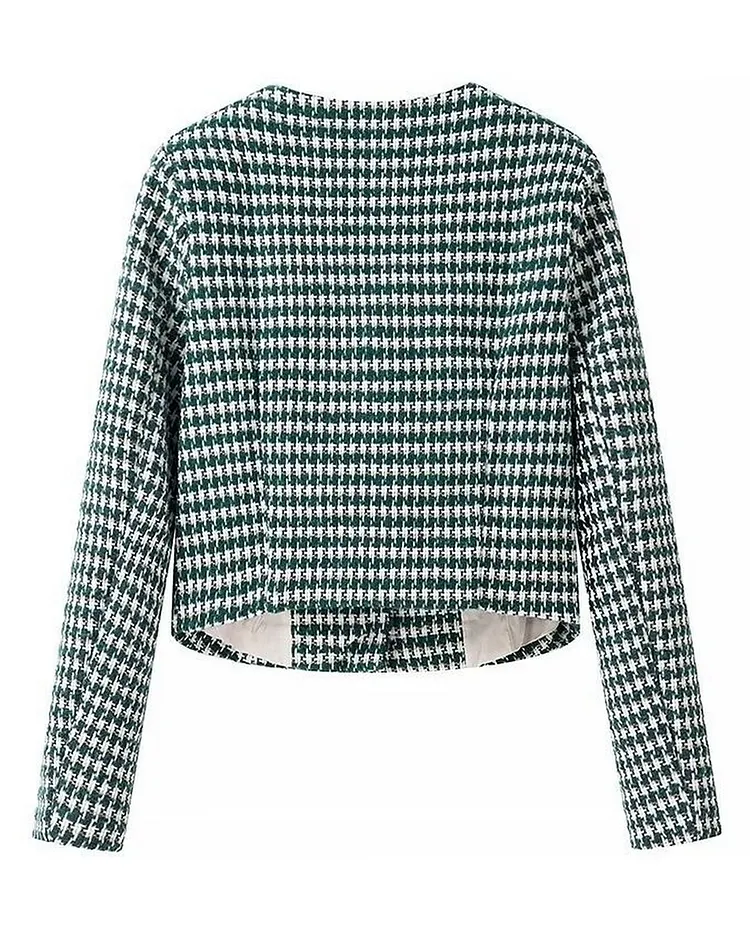 Women's Short Tweed Jacket Crew Neck Single Button