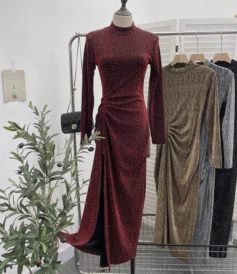 Churchf Design Sexy High Open Fork Folded Small Squint Dress Half-High Collared Shoulder Dress 8872