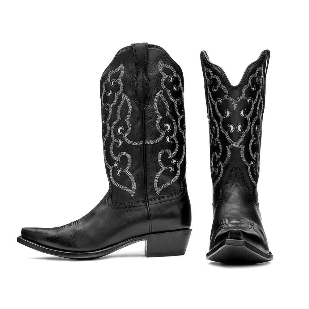 Black Snip Toe Chunky Heel Cut Out Embroidered Cowboy Boots for Women