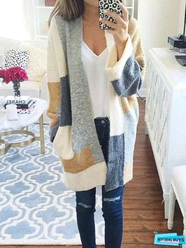 Color Matching Knitting Long Sleeves Cardigans Tops