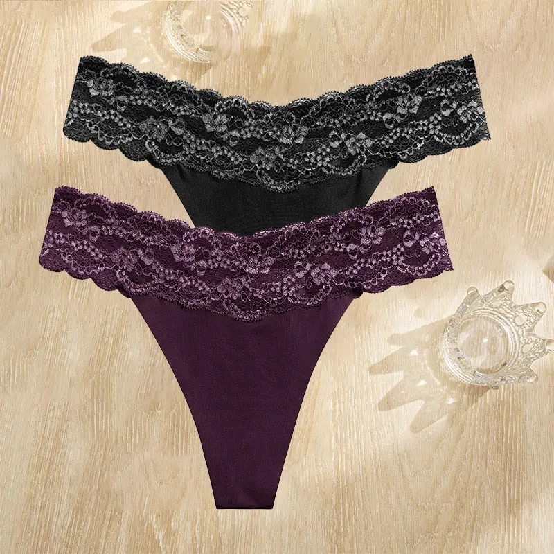FINETOO 2PCS/Set Gstring Seamless Women Lace Pantys Girls Thongs S-L Fashion Sexy Underwear For Woman Lingerie Floral Panties