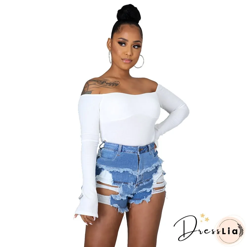 Summer Sexy Patchwork Women Ripped High Waist Holes Stretch Streetwear Plus Size Denim Shorts