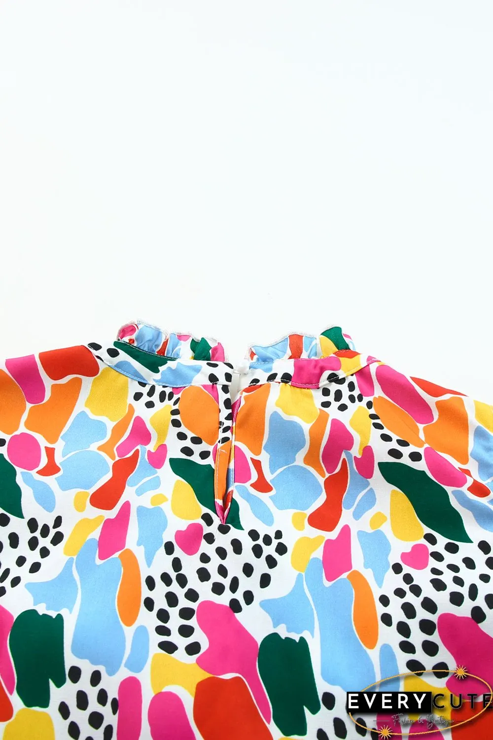 Multicolor Abstract Print High Neck Flutter Sleeves Top