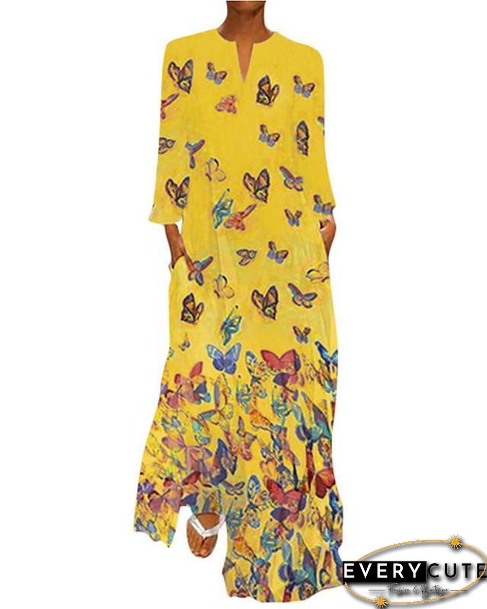 Women's Shift Dress Maxi long Dress - Long Sleeve Butterfly Spring Fall Hot Loose White Yellow Blushing Pink Light Blue S M L XL XXL 3XL 4XL 5XL