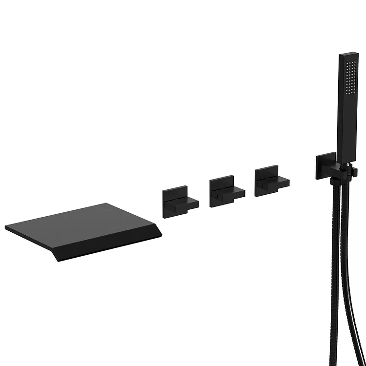 EVERSTEIN Three Handle Waterfall Bathtub Faucet in Matte Black, 6.25" Spout Reach