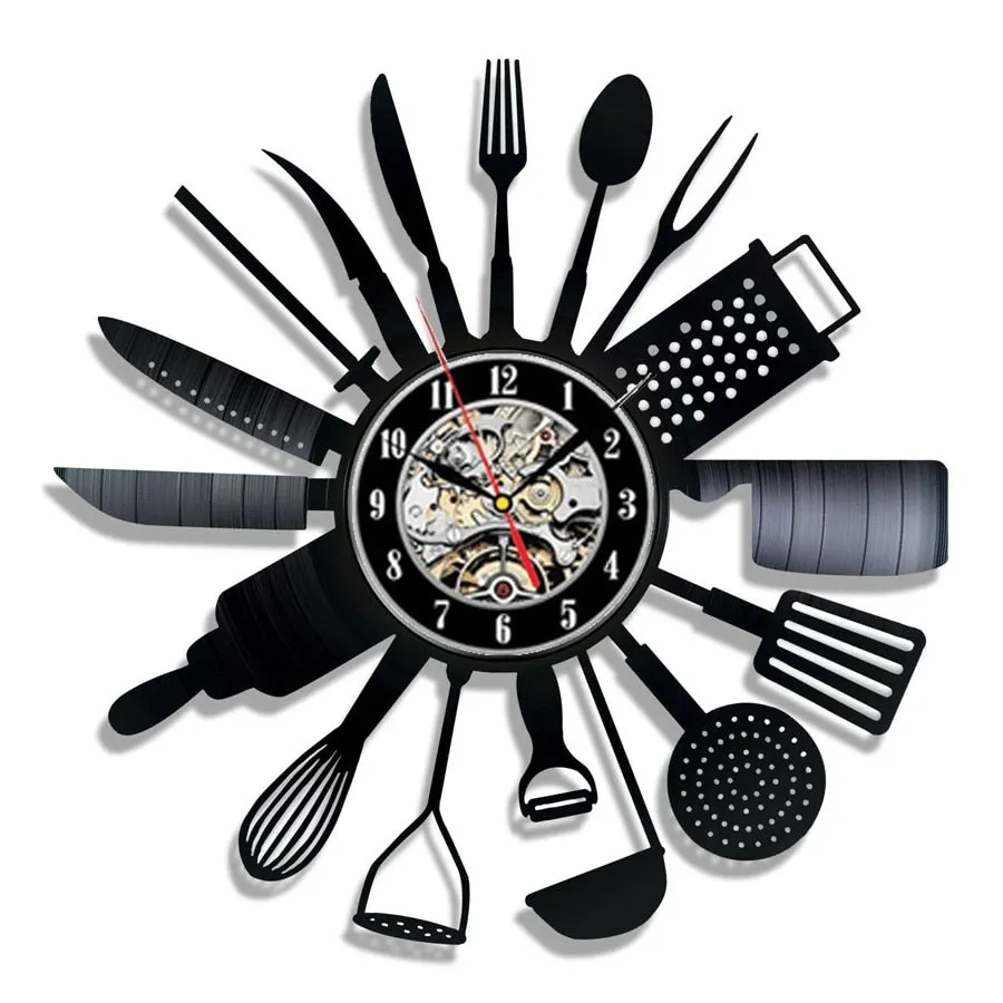 Vinyl Record Wall Clock Modern Design Decorative Kitchen Knife and Fork Kitchen Hanging Clocks Wall Watch Home Decor Silent