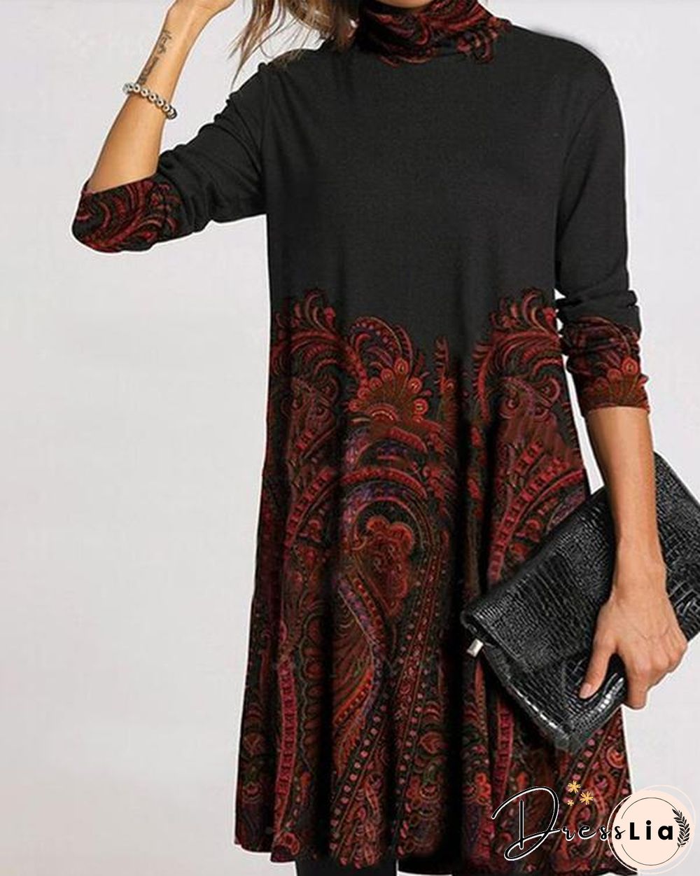 Casual Plus Size Color Block/Floral Tunic High Neckline Shift Dress