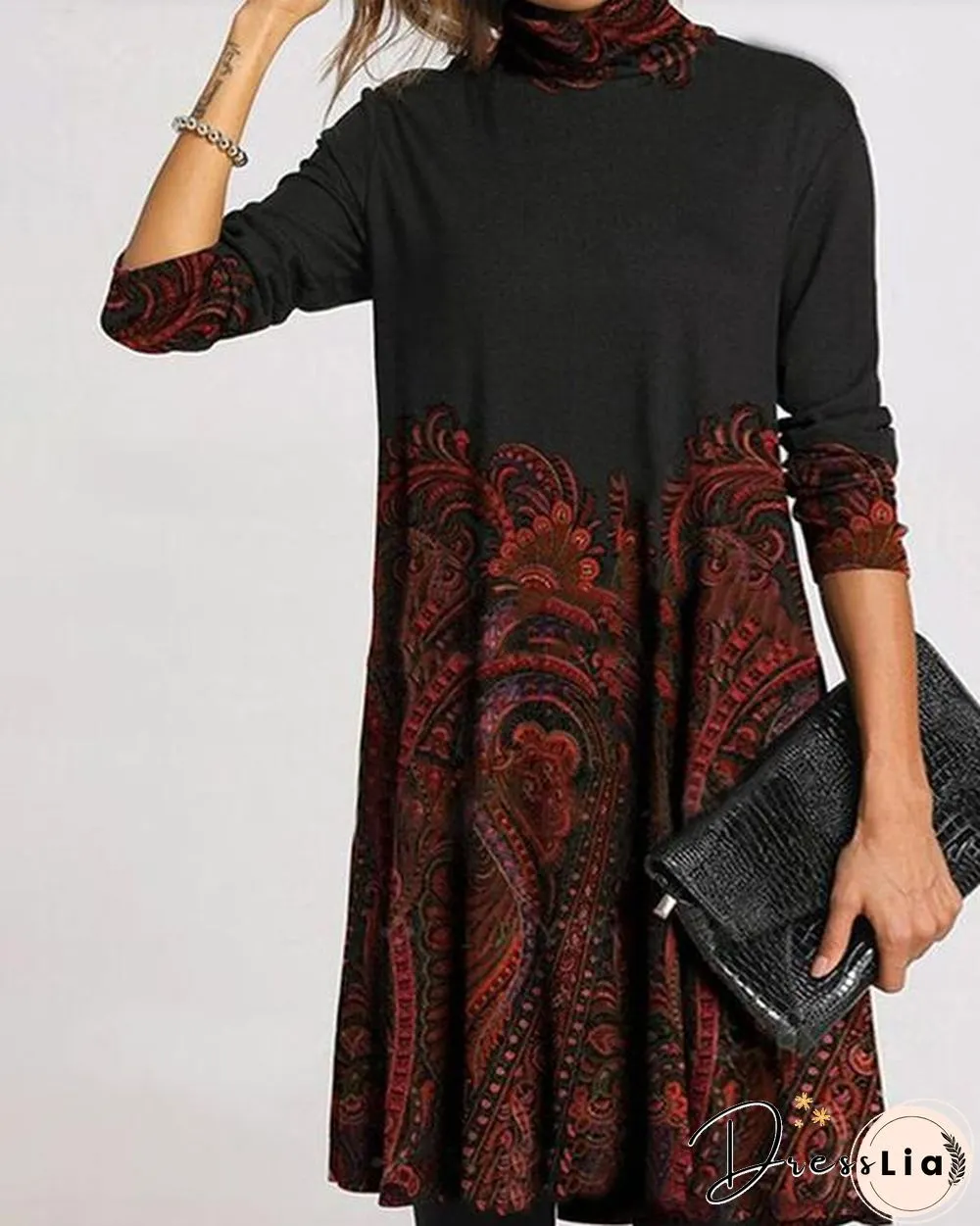 Casual Plus Size Color Block/Floral Tunic High Neckline Shift Dress