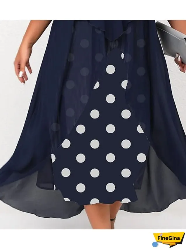 Women's Dress - Plus Size Holiday Dress Polka Dot V Neck Layered 3/4 Length Sleeve Spring Fall Elegant Maxi long Dress Formal Party Dress