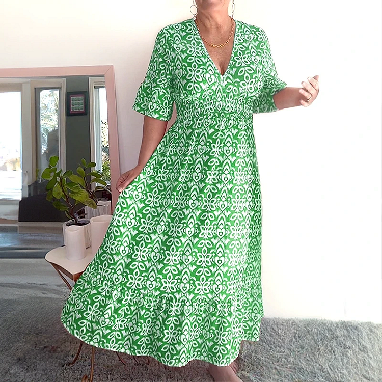 💃Limited time promotion 50% off💃Bohemian casual print V-neck waist wrap long dress
