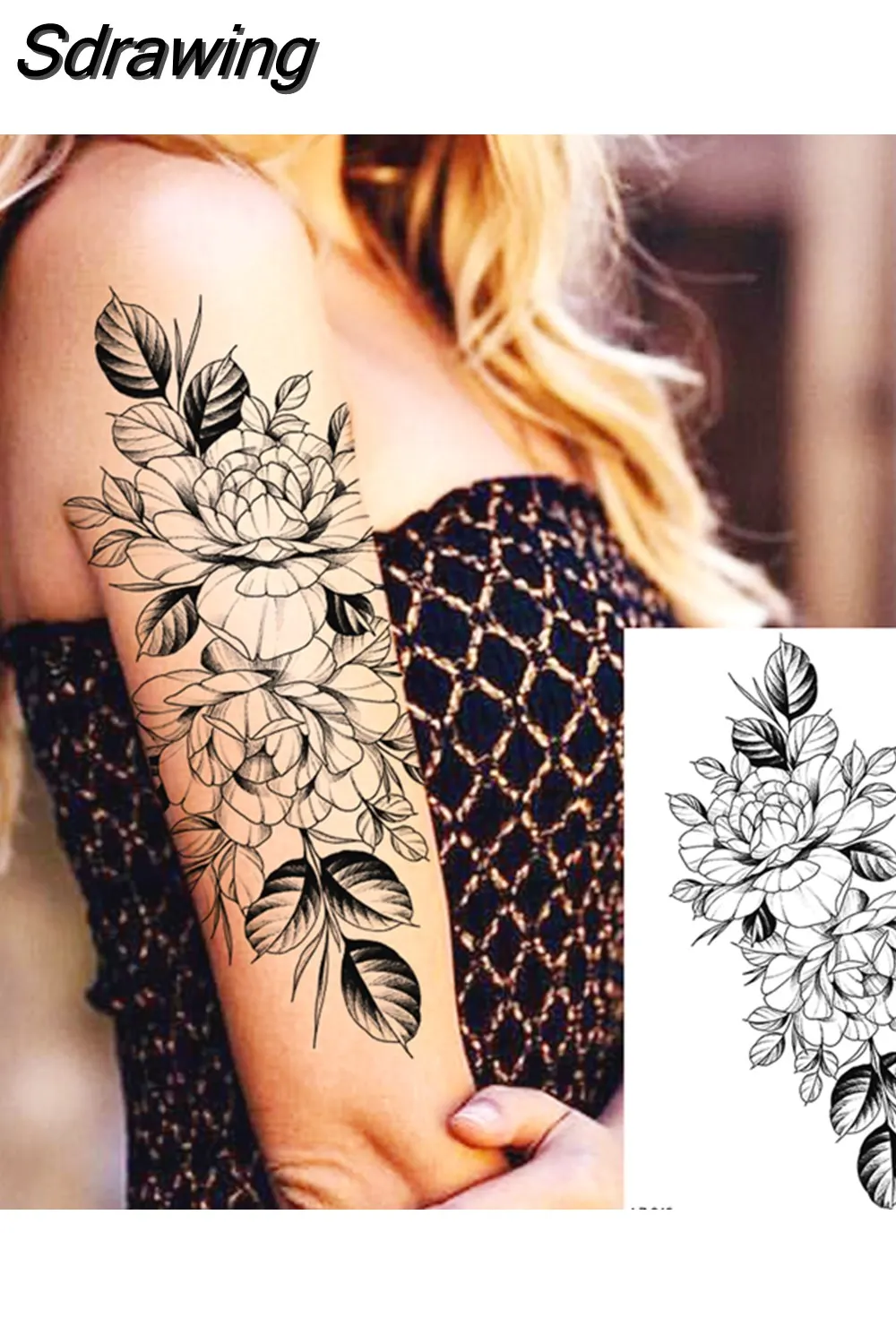 Sdrawing Peony Flower Temporary Tattoos For Women Adults Realistic Compass Moon Pendant Fake Tattoo Sticker Arm Body Tatoos 507-1