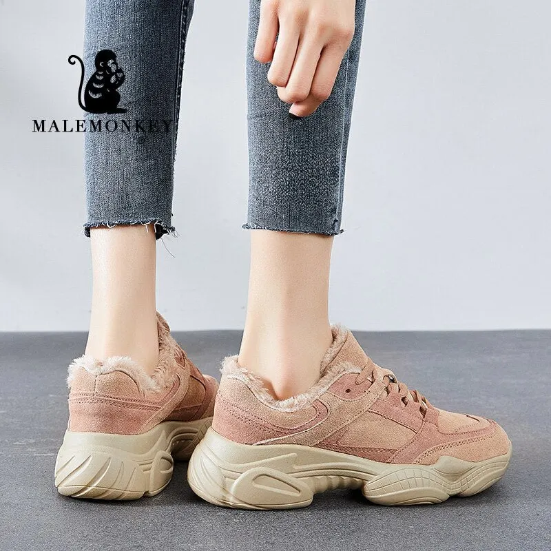 Platform Shoes For Women Black 2021 Winter Warm Fur Casual Sport Shoes Thick Bottom Sneakers Lace Up Chunky Female Shoes