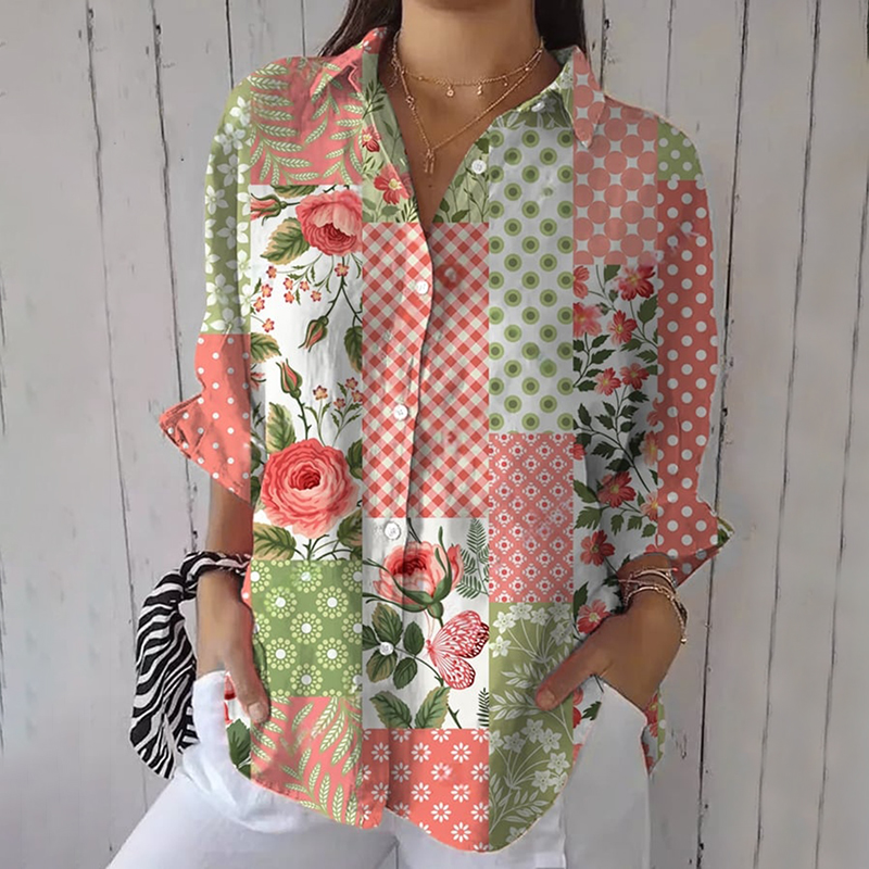 Comstylish Women's Floral Art Print Linen Blend Casual Long-sleeve Shirt
